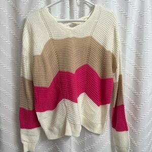 Chic V-Neck Sweater in Cream, Tan, and Pink